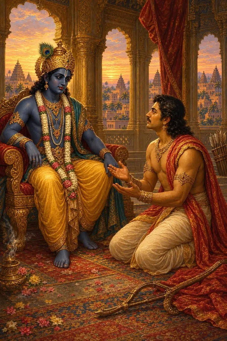 युद्ध के बाद इन्द्रप्रस्थ के शान्त कक्ष में कृष्ण और अर्जुन साथ बैठे हैं।