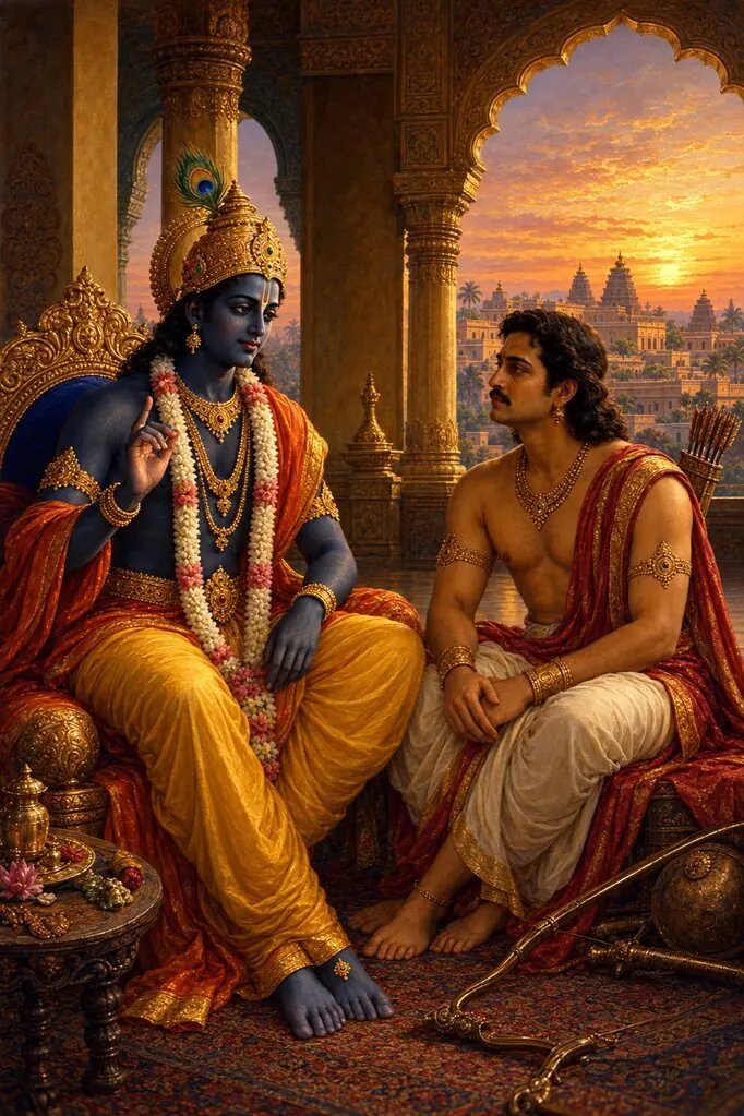 युद्ध के बाद इन्द्रप्रस्थ के महल में सन्ध्या की रोशनी में कृष्ण एक उँगली उठाकर अर्जुन को समझाते हैं, और अर्जुन ध्यान से सुनते हैं।