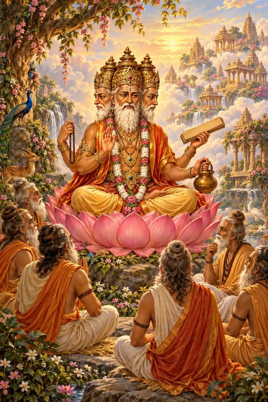 ब्रह्मा एकत्र बैठे ऋषियों को परम रहस्य समझा रहे हैं।
