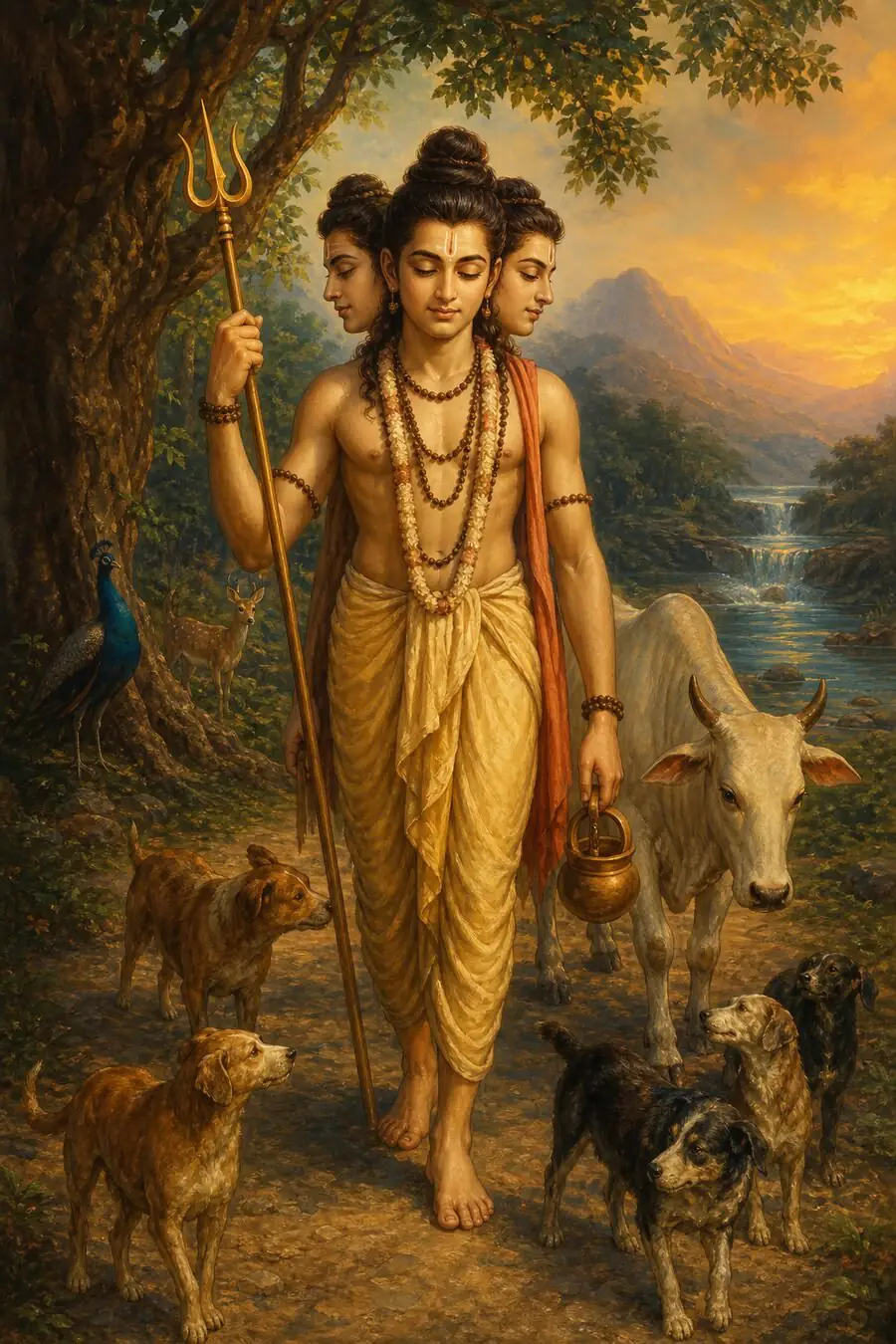 त्रिमुख दत्तात्रेय त्रिशूल और कमण्डलु लिए वन-पथ पर चले जा रहे हैं, साथ कुत्ते और एक श्वेत गौ हैं, किनारे मोर और हिरन खड़े हैं।