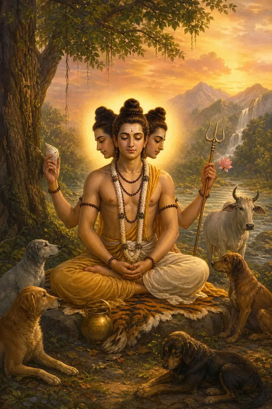 Three-faced Dattatreya meditates on a tiger skin with conch and trident, his dogs and a white cow settled around him.