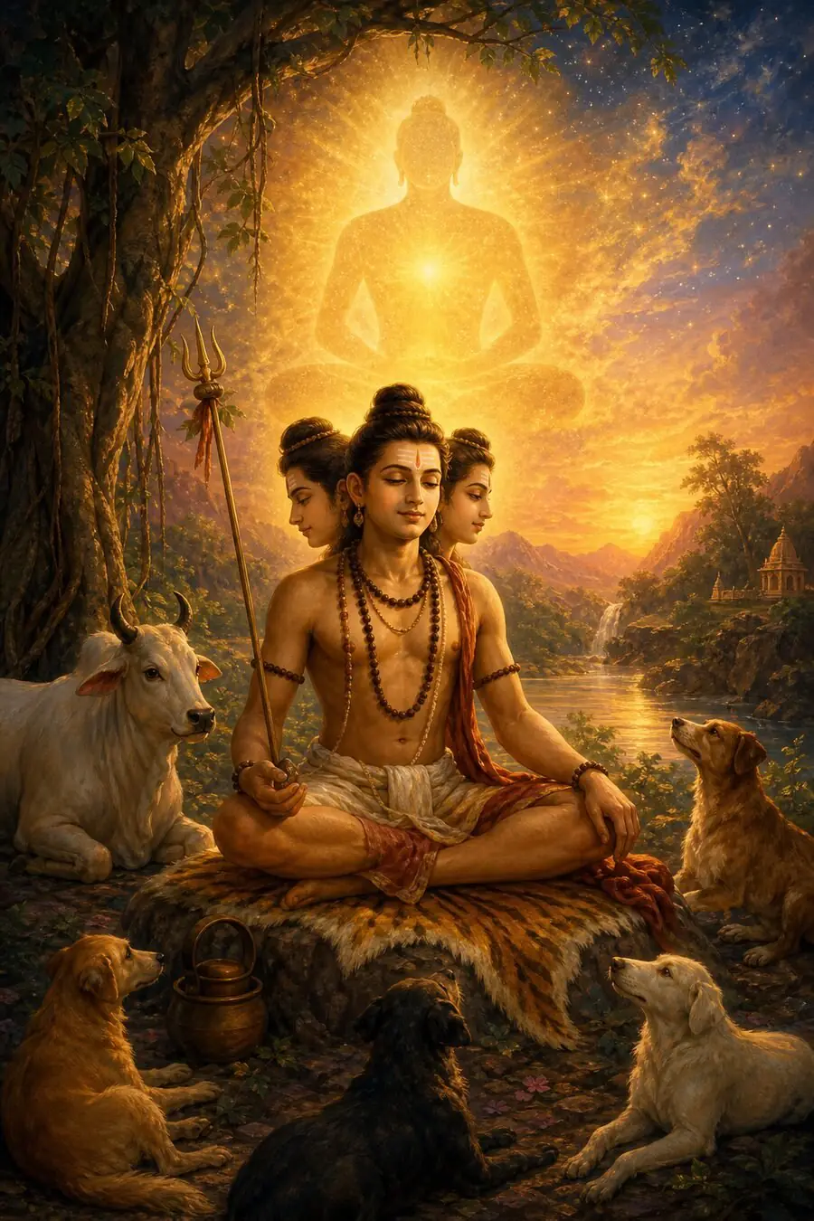 Three-faced Dattatreya meditates on a rock as a luminous seated form rises above him in golden light, his dogs and cow below.