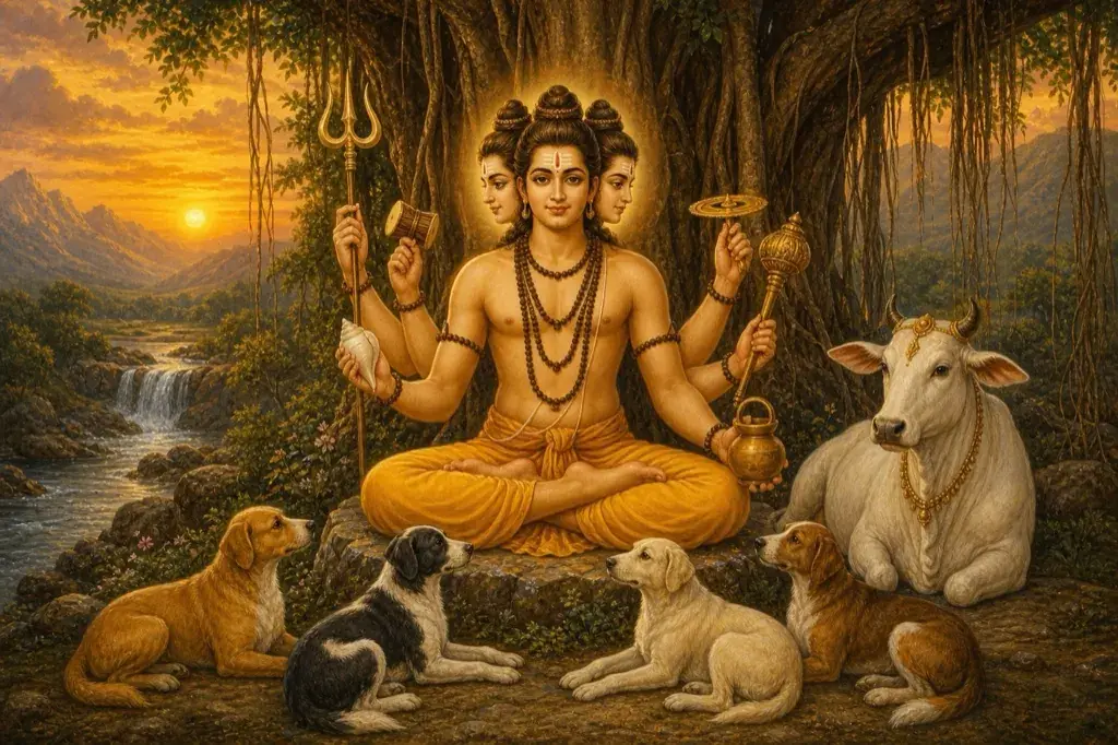 Six-armed, three-faced Dattatreya sits under a banyan holding his emblems, a white cow and four dogs beside him, a river behind.
