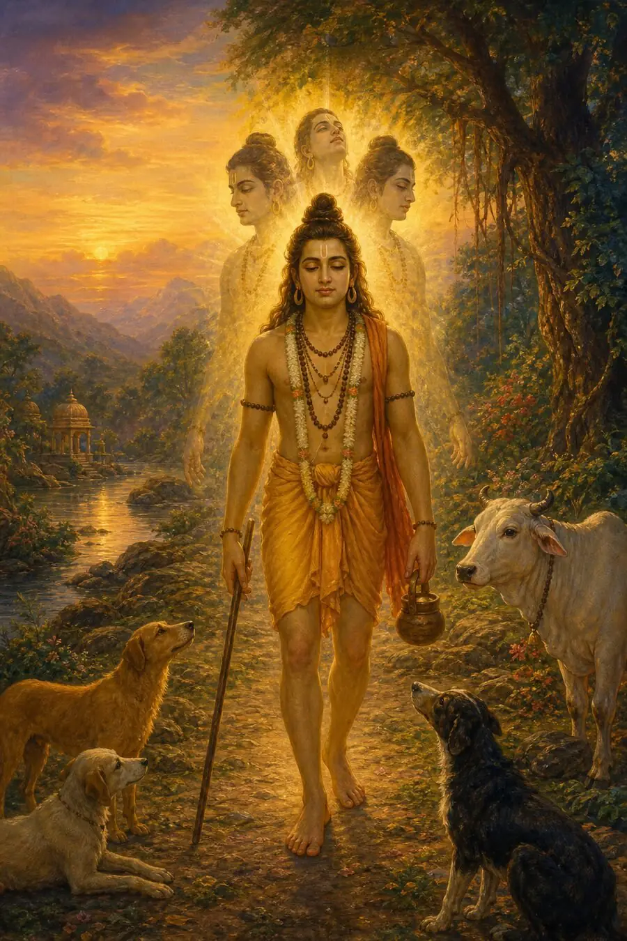 Dattatreya walks with staff and water pot while three luminous faces appear above him, his dogs and a white cow keeping pace.