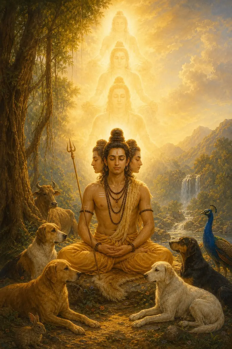 दत्तात्रेय ध्यान में बैठे हैं और ऊपर स्वर्ण प्रकाश में उनका त्रिमुख रूप प्रकट है, चारों ओर कुत्ते, गौ और मोर हैं, पीछे जलप्रपात है।