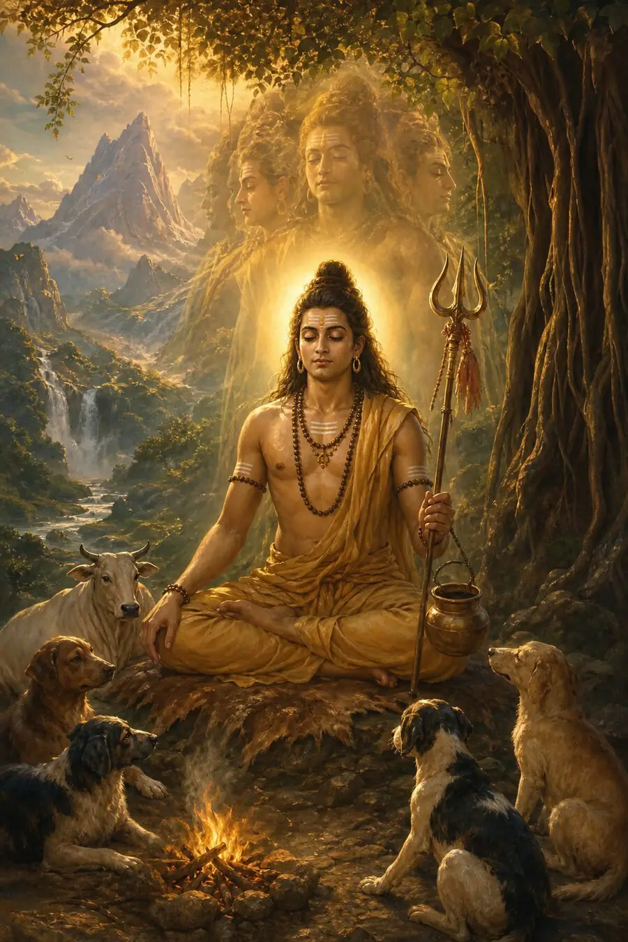 Dattatreya meditates with trident and water pot before a fire, his cow and dogs at rest, a luminous face in the mountains.