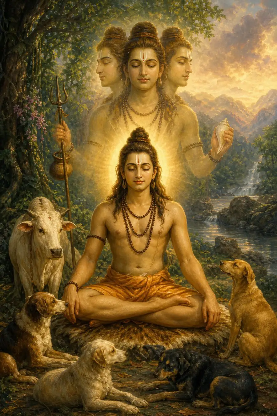 Dattatreya meditates on a tiger skin as his three-faced form appears above with trident and conch, a cow and four dogs below.