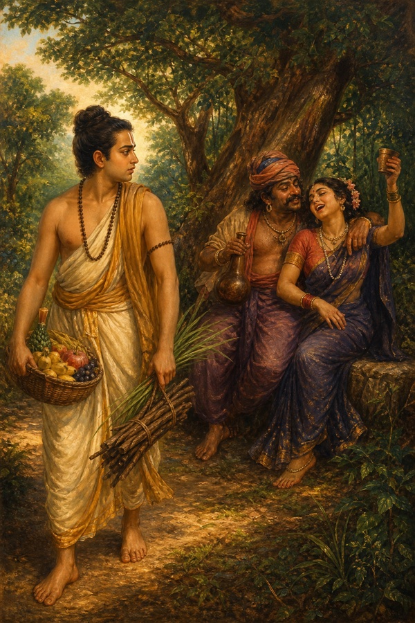 On a sunlit forest path the young brahmin Ajamila, carrying fruit, kindling-sticks and kusha grass, halts and stares at a drunken low-caste shudra man embracing and flirting with a tipsy maidservant in disordered garments who laughs and sings; classical Indian painting, lush green trees, warm earthy palette, Ajamila's troubled face.