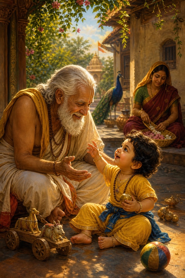 An aged, white-haired Ajamila beaming with tender delight at his beloved youngest toddler son named Narayana, who babbles and plays childishly in a modest home courtyard; doting old father leaning toward the small child, soft golden light, warm domestic classical-Indian colour illustration.