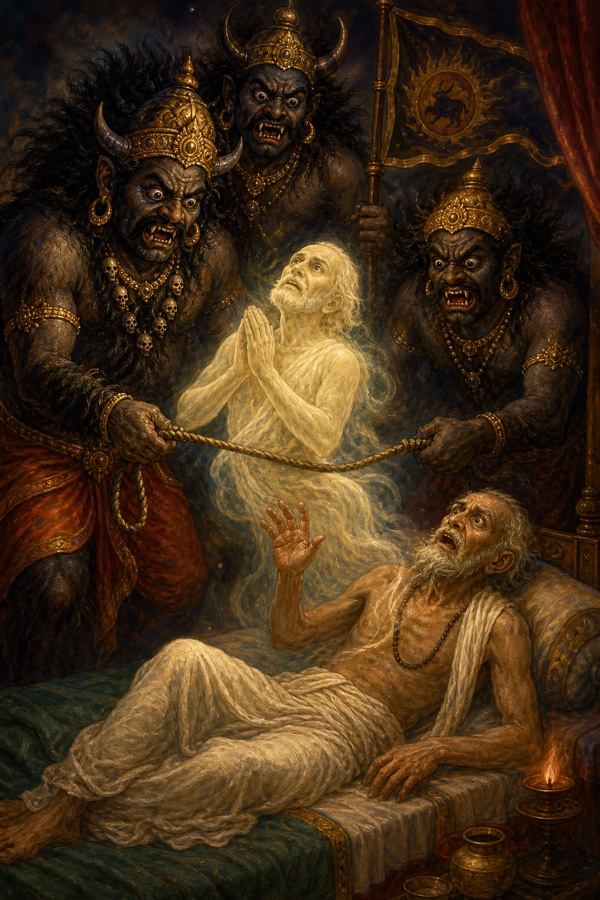 Three terrifying messengers of Yama with crooked twisted faces and bristling body-hair loom over the dying old Ajamila on his sickbed, dragging his luminous subtle body out by a noose; dark dramatic palette, fearsome figures, the gaunt bedridden brahmin gasping in terror, classical Indian painting.