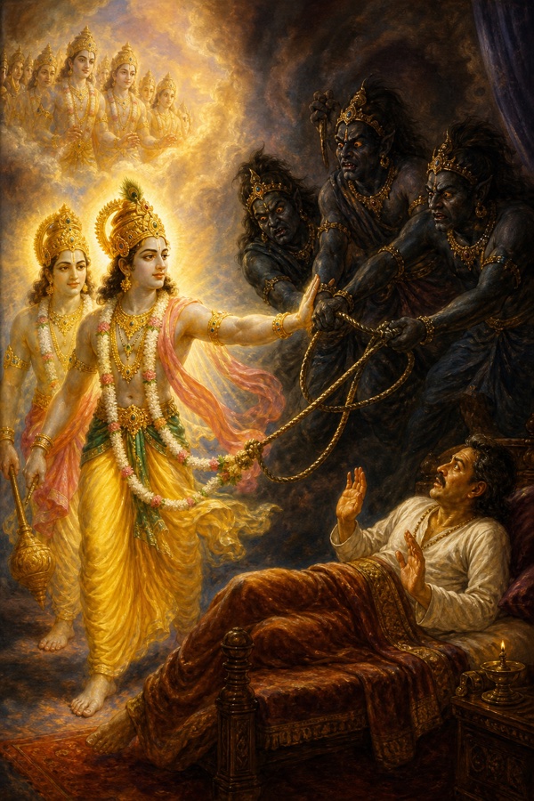 Radiant divine Vishnudutas, attendants of Lord Vishnu with serene lotus-eyed faces and luminous bodies, stride forward and forcibly seize and halt the noose of the three dark Yamadutas above Ajamila's bed; confrontation of light versus shadow, glowing celestial colour, classical Indian devotional art.