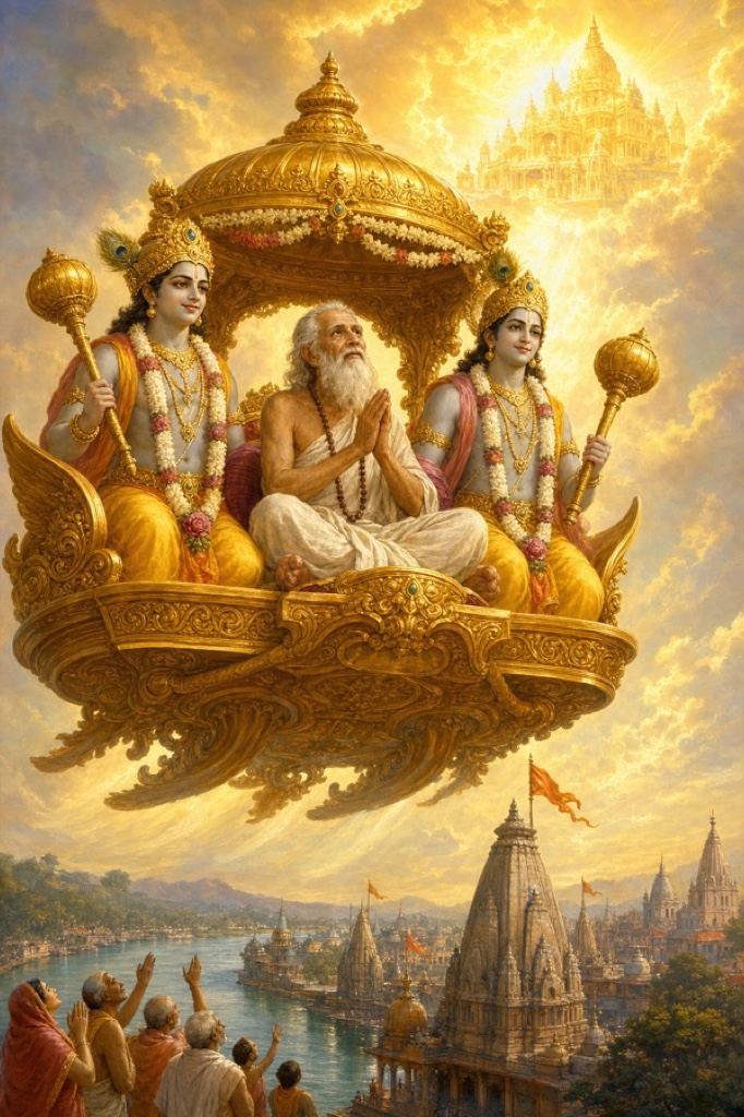 On the bank of the Ganga at Haridwar, the redeemed Ajamila, now in a divine four-armed Vishnu-attendant form like the Vishnudutas beside him, ascends seated on a glowing golden vimana toward Vaikuntha, abode of Lord Lakshmipati; river and temple below, radiant sky, jewelled celestial colour, classical Indian painting.