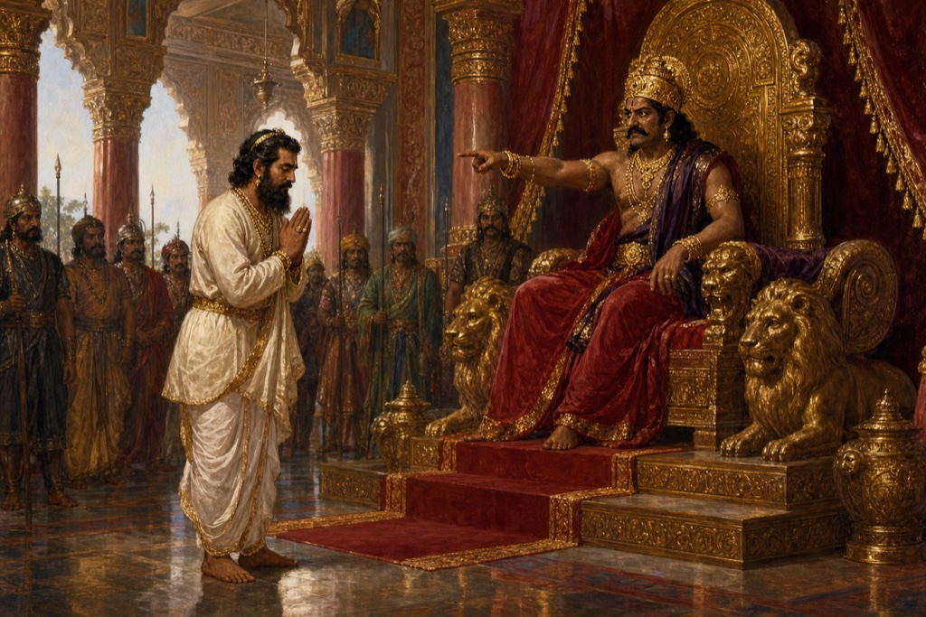 Painterly classical-Indian color illustration inside Kamsa's Mathura court: the cruel demon-king Kamsa seated on a throne, leaning forward and commanding the noble Yadava courtier Akrura, who stands with palms folded and head bowed, sent to Gokul to invite Krishna and Balarama to the bow-sacrifice; richly pillared royal hall, guards, warm jewel tones.