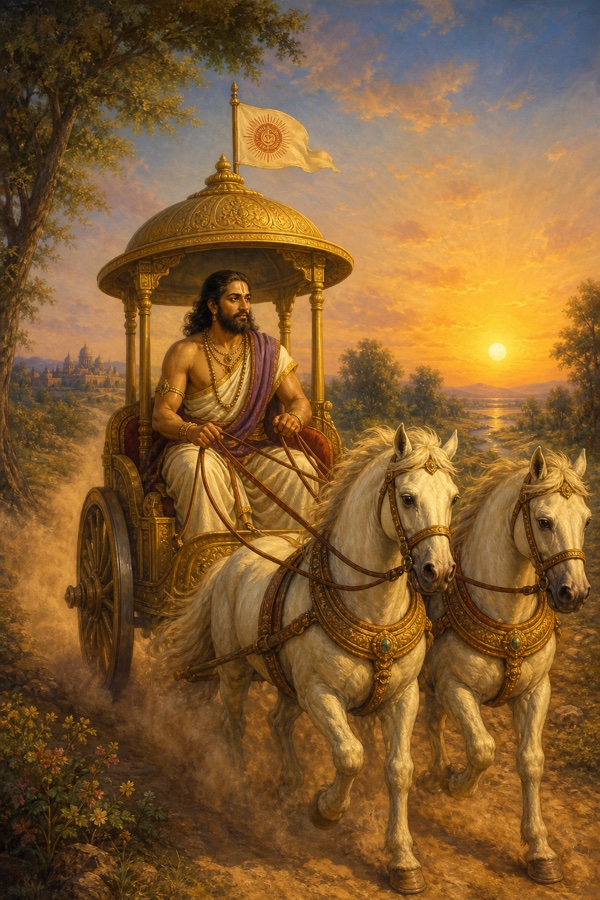 Painterly classical-Indian color illustration of Akrura at dawn driving a horse-drawn chariot along a dusty road from Mathura toward Gokul, alone, hands on the reins, a contemplative longing on his face as dust rises behind the wheels; pastoral countryside, golden early-morning light.