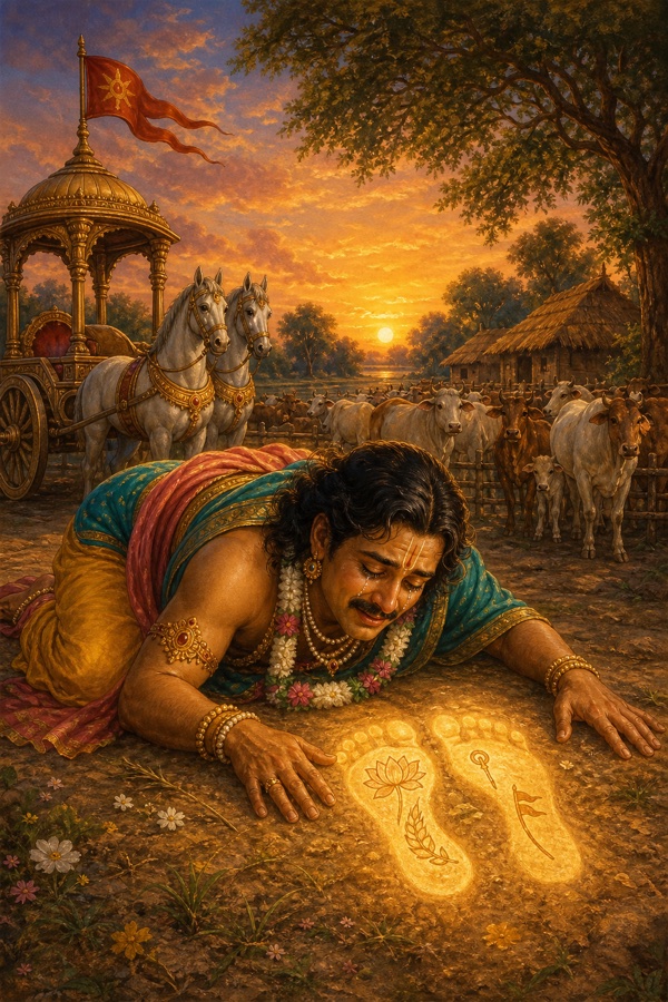 Painterly classical-Indian color illustration of Akrura beside his halted chariot near the Gokul cow-pen at sunset, having leapt down to roll in the dust over Krishna's footprints, which glow in the earth marked with the auspicious signs of lotus, barley, goad and flag; tears of joy on his face, cows and rustic huts in the background.