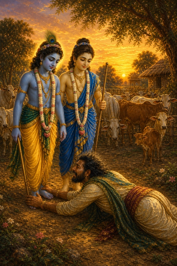 Painterly classical-Indian color illustration at the milking-ground: dark-blue-complexioned youthful Krishna in a yellow garment beside fair-complexioned Balarama in a blue garment, both adolescent boys standing among grazing cows with lotus-petal eyes; Akrura prostrate full-length at their feet, weeping, hair on end with rapture.
