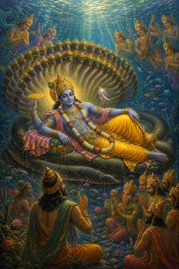 Painterly classical-Indian color illustration of Akrura's underwater Yamuna vision: the cosmic serpent Ananta-Shesha with a thousand crowned hoods, and reclining upon the coils the four-armed Sri Hari, dark as a raincloud, in yellow silk, bearing conch, discus, mace and lotus, with the Shrivatsa mark, Kaustubha gem and forest-flower garland; siddhas, charanas, gandharvas and gods bow in praise around him; radiant water-light.