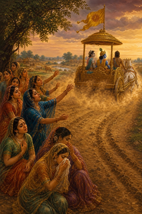 Painterly classical-Indian color illustration of grieving gopis running and standing behind the departing chariot as it leaves Gokul for Mathura, faces wilted with the pain of separation, gazing helplessly at the wheel-tracks and the chariot's banner amid rising dust; Krishna, Balarama and Akrura seated in the receding chariot, riverside-village fields beyond.