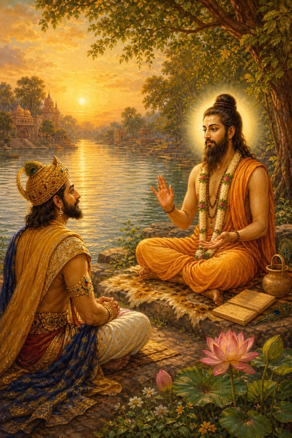 Rich painterly classical-Indian color illustration: on the sunlit bank of the slow-flowing Ganga, aged sage Shukadeva (radiant, ascetic, seated cross-legged) discourses to King Parikshit (crowned, seated humbly before him); the river's gentle morning ripples and soft golden light, a calm frame-story scene of storyteller and listener.