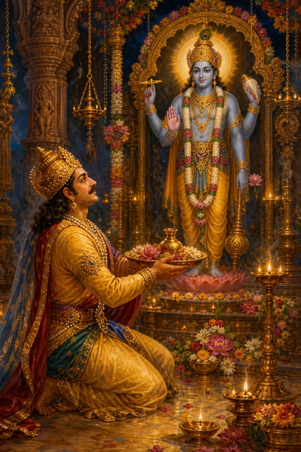 Rich painterly classical-Indian color illustration: the devout King Ambarisha, a richly robed emperor whose crown and jewels seem light as dust to him, absorbed in devotion inside a temple of Vishnu, hands serving at the altar, lips singing Hari's glory, eyes turned toward the four-armed Lord; an aura of single-minded bhakti, lamps and flowers around the shrine.