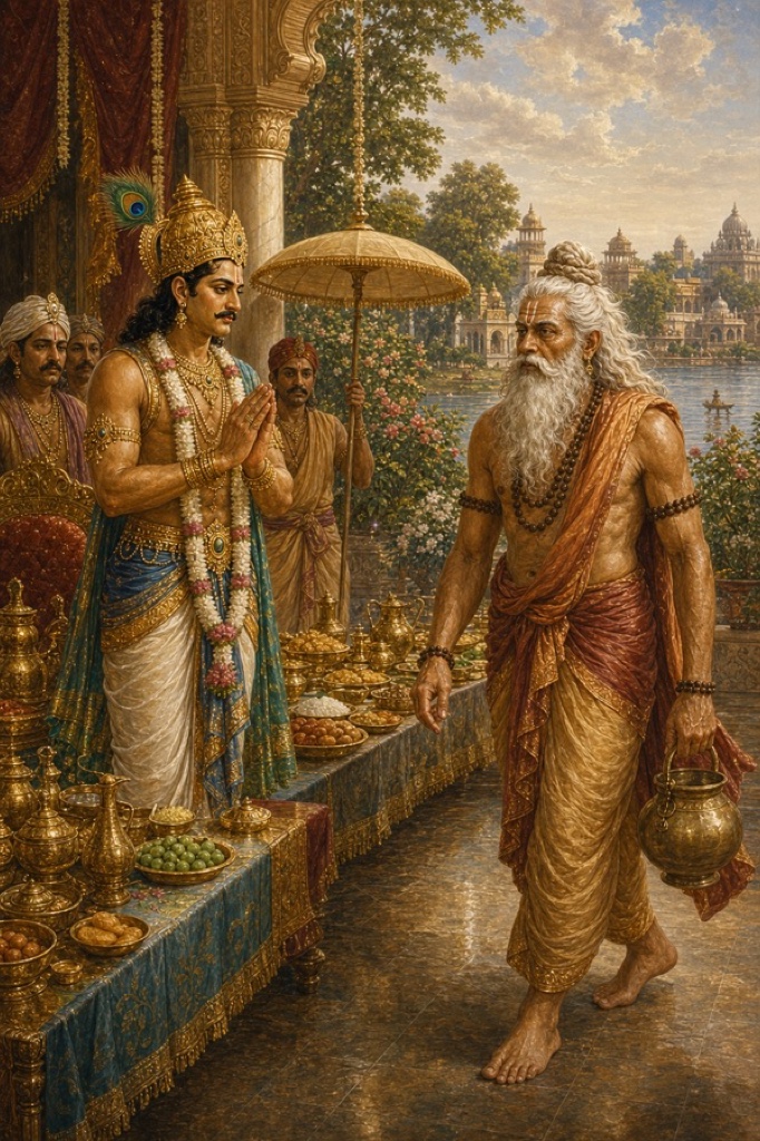 Rich painterly classical-Indian color illustration: at the courtyard near the Yamuna on the Dvadashi morning, King Ambarisha bows with folded hands welcoming the formidable sage Durvasa (matted-haired, fiery-eyed ascetic) as an honored guest; a freshly laid feast for the vow-breaking parana waits behind them, the river glinting nearby.