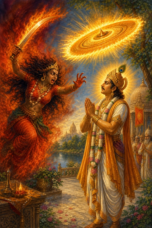 Rich painterly classical-Indian color illustration: a blazing demoness Kritya wielding a flaming sword rushes at the calm, folded-handed King Ambarisha, while Vishnu's brilliant Sudarshana chakra, a whirling disc of fire bright as a thousand suns, manifests to guard the devoted king; the demoness's fiery form paling before the radiant wheel.