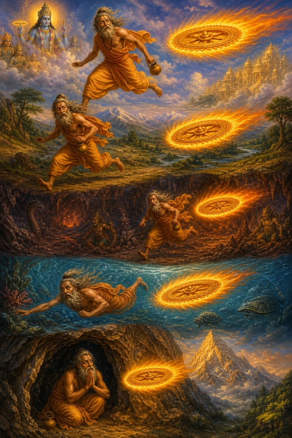 Rich painterly classical-Indian color illustration: the terrified sage Durvasa fleeing in panic across the cosmos, through the sky, over the earth, into the nether worlds and ocean, hiding in a cave of Mount Sumeru, while the unbearable burning Sudarshana chakra pursues him relentlessly at a fixed distance, blazing close behind.
