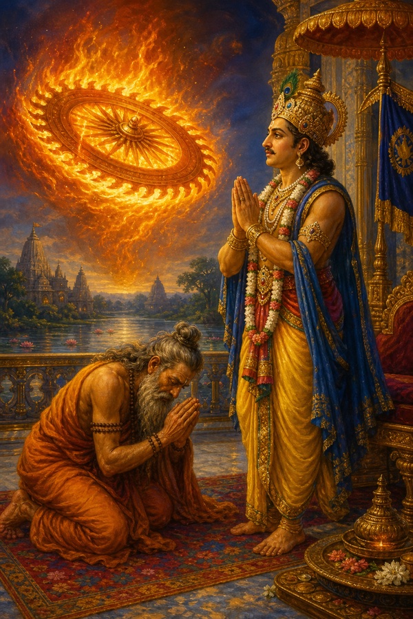 Rich painterly classical-Indian color illustration: King Ambarisha standing with folded hands turned toward the flaming Sudarshana chakra, offering heartfelt praise to pacify it, while the humbled sage Durvasa kneels at the king's feet begging forgiveness; the fierce fiery disc beginning to soften, divine compassion in the scene.