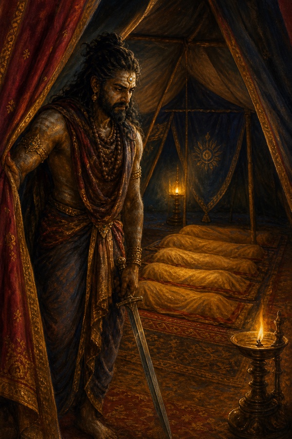Night scene in a Pandava war-camp tent: the warrior-brahmin Ashvatthama (sword drawn, grim, ash-smeared, matted hair, a gem glinting on his forehead) stealing in among five sleeping young boys (the Upapandavas, Draupadi's sons) on their beds; lamplight, dark tent shadows, a sinister hush; rich painterly classical-Indian color illustration.