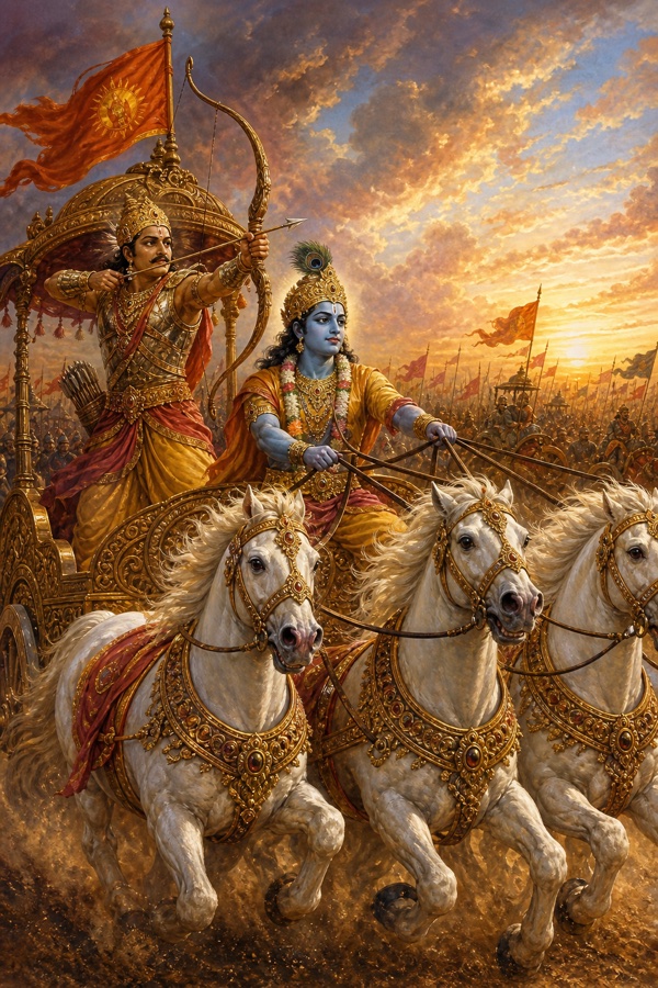 Arjuna in armor on a war-chariot, the great bow Gandiva in hand, blue-skinned Krishna driving as charioteer holding the reins of the horses, the chariot charging in pursuit; battlefield dawn light, dust and banners; rich painterly classical-Indian color illustration.