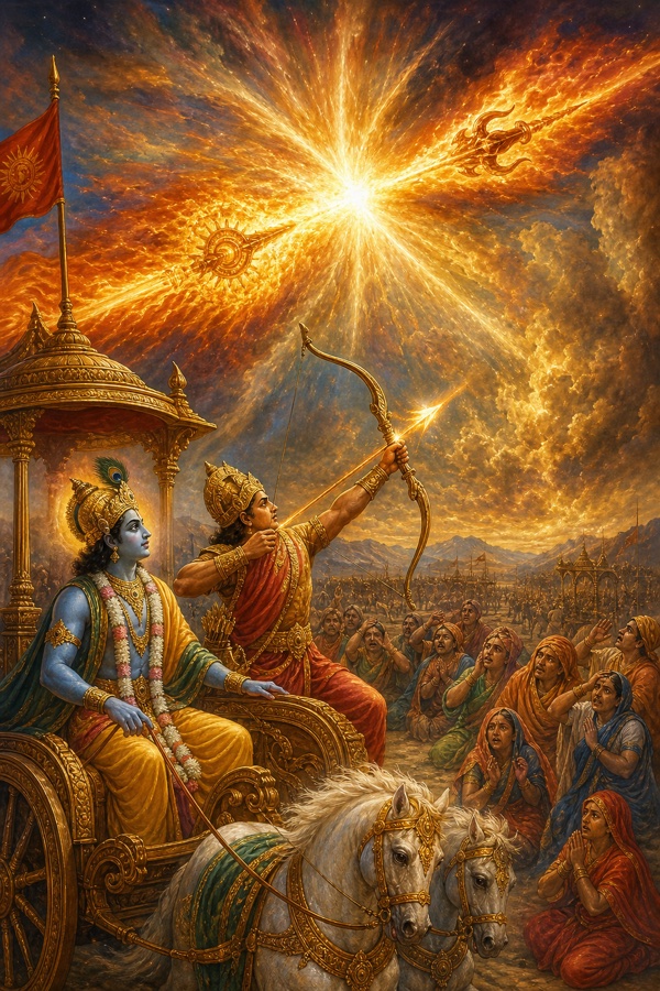 Two blazing Brahmastra weapons of cosmic fire colliding in the sky like the doomsday sun and flame, light spreading to all directions, frightened people below; in the foreground Arjuna releasing his own Brahmastra arrow from Gandiva with Krishna beside him on the chariot; rich painterly classical-Indian color illustration.