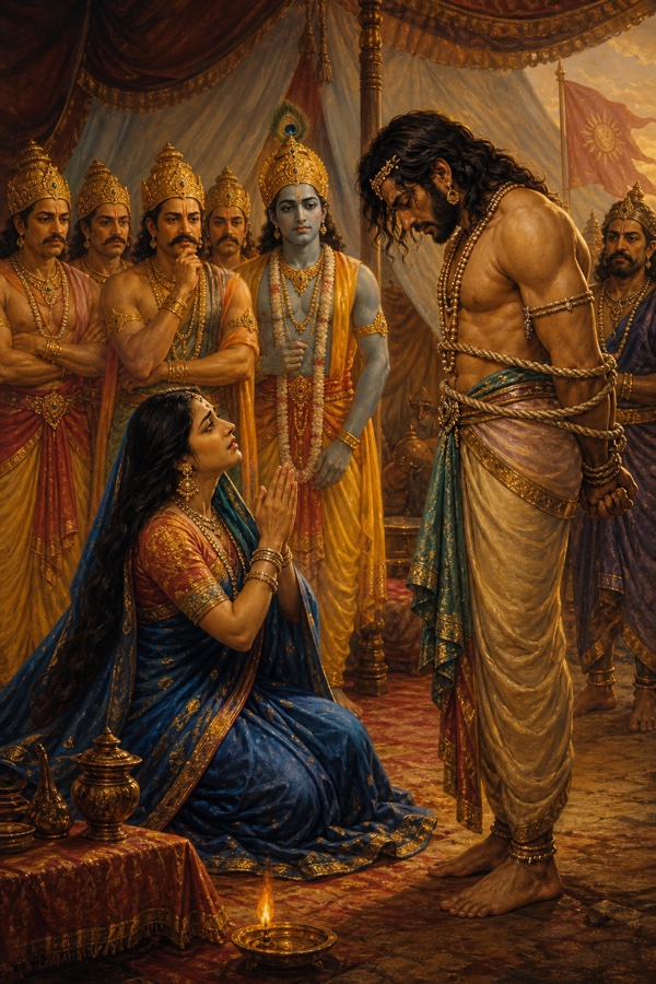 Inside the camp, the grieving Draupadi bowing in namaskar before the captured Ashvatthama, who stands bound with rope like a beast, head hung low in shame; she pleads for his release; the Pandavas, Satyaki and Krishna watching; sorrowful dignified mood; rich painterly classical-Indian color illustration.