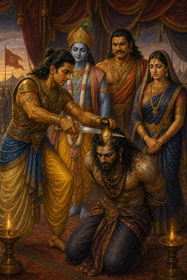 Arjuna using his sword to cut away the crest-gem (mani) from Ashvatthama's head along with his hair, stripping his brahma-tejas; Ashvatthama bound and shamed, head shorn; Krishna faintly smiling nearby, Bhima and Draupadi watching; rich painterly classical-Indian color illustration.