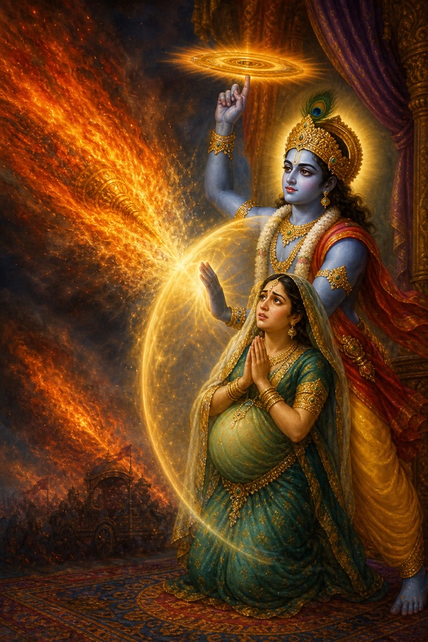 Yogeshwara Krishna, blue-skinned, protecting the pregnant Uttara: he shields her womb with a luminous shield of his maya and his spinning Sudarshana chakra; a fiery Brahmastra flame approaching and dissolving against the Vaishnava radiance; Uttara fearful with hands folded; rich painterly classical-Indian color illustration.