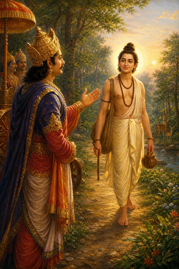 Rich painterly classical-Indian color illustration: the crowned King Yadu halts on a forest path and gazes in wonder at a young, radiant naked avadhuta brahmin (Dattatreya) wandering fearlessly, his face serene and joyful as if he has attained everything; warm dawn light, leafy trees, the king's hand raised mid-question.