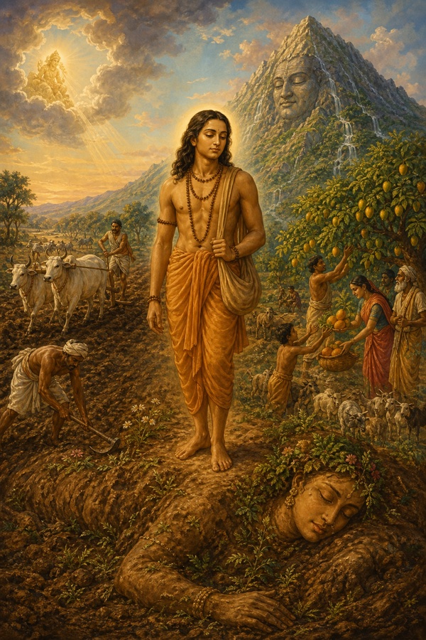 Rich painterly classical-Indian color illustration of Earth as the first teacher: the patient brown earth bearing burdens, being dug and tilled without complaint, with a great mountain and fruit-laden trees bending to serve others; the calm avadhuta standing steadily upon the soil, embodying endurance and selfless service.