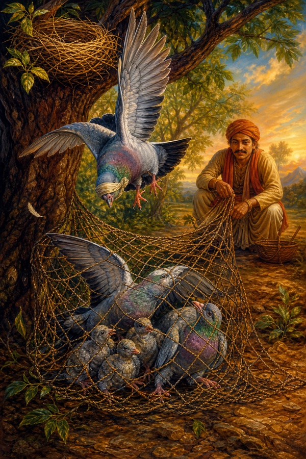 Rich painterly classical-Indian color illustration of the pigeon family (eighth guru): a fowler's net snares the chicks below a nest in a tree; the mother pigeon, blind with attachment, dives down and is caught, and the father pigeon plunges after her into the net; the hunter waiting nearby, capturing the whole family. Theme of fatal family-attachment.
