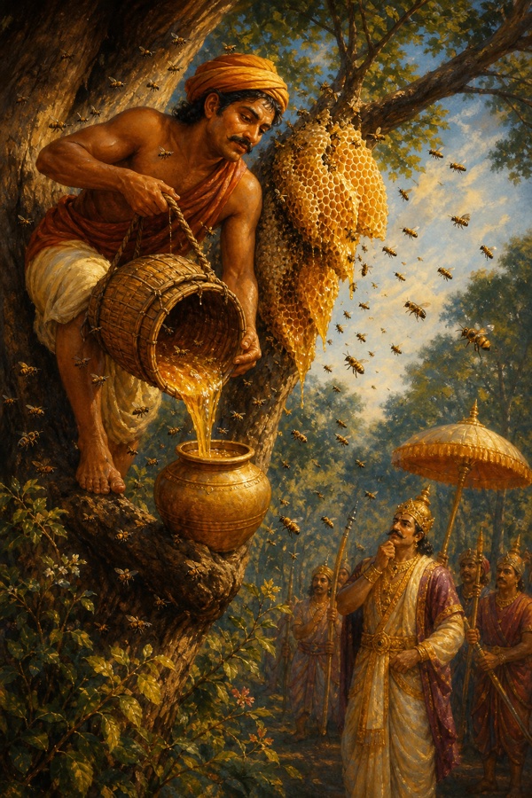 Rich painterly classical-Indian color illustration of the honey-gatherer (fourteenth guru): a man carefully robbing a hive of all its painstakingly gathered honey while the empty-handed bees buzz helplessly around their plundered comb; lesson of the greedy hoarder whose wealth is enjoyed by another.