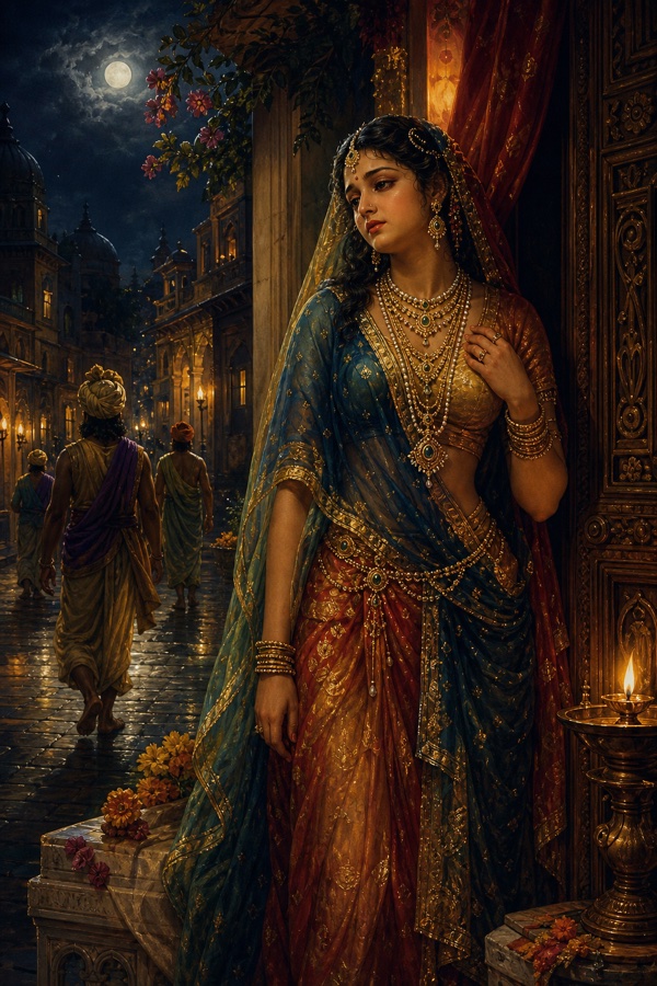 Rich painterly classical-Indian color illustration of the courtesan Pingala (seventeenth guru) in the city of Mithila: richly adorned and bejewelled, she stands waiting at her doorway deep into the night hoping a wealthy patron will come; passersby drift away in the moonlit lane, her face weary with broken hope as dispassion dawns within her.