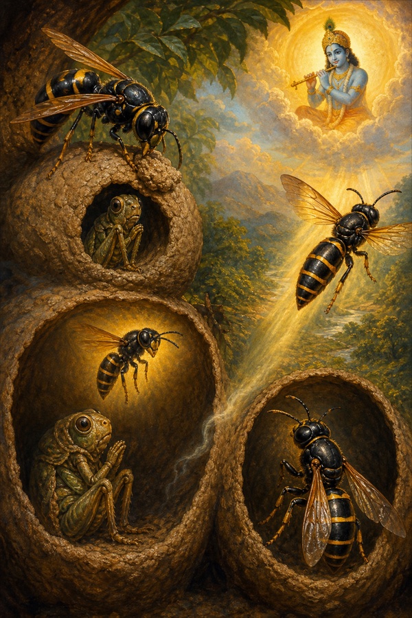 Rich painterly classical-Indian color illustration of the bhringi wasp (twenty-fourth and last guru): a wasp seals a small captured insect inside its mud nest; the trembling insect meditates day and night on the wasp out of fear, until it is transformed into a wasp itself. Theme: one becomes whatever one constantly contemplates, so meditate on God.