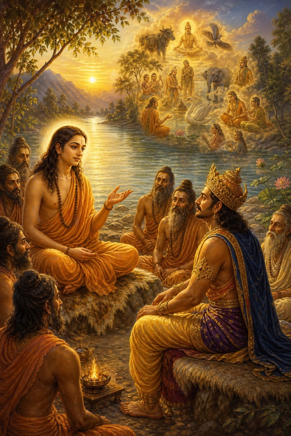 Rich painterly classical-Indian color illustration of the frame's close: the serene sage Shukadeva gently speaking to King Parikshit seated on the riverbank at Ganga amid listening sages; soft golden light, the king attentive, conveying that for the awakened seeker the whole world becomes a school and one inner Guru teaches through every form.