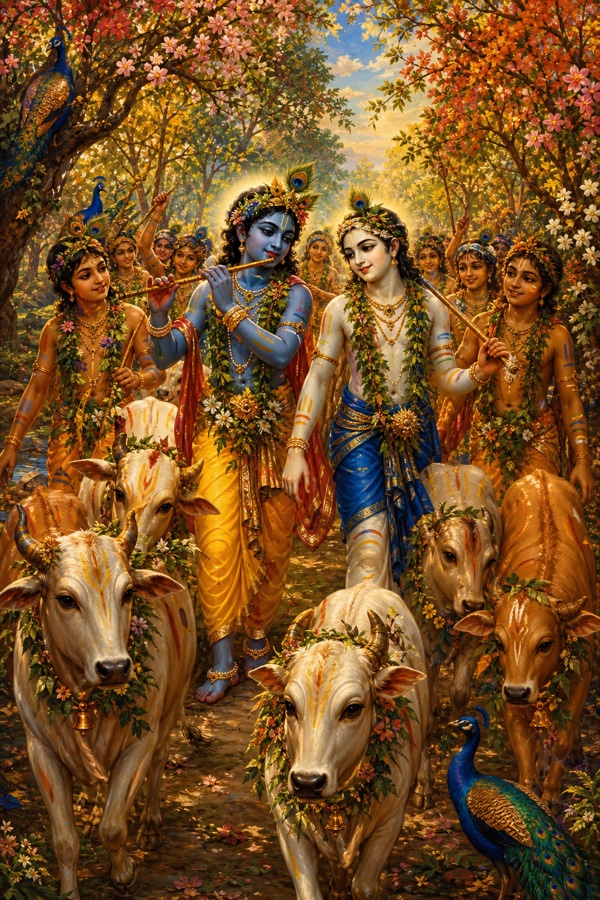 Rich painterly classical Indian color illustration: a Vrindavan procession into a flowering forest, a herd of cows leading in front, decorated young cowherd boys behind, and in the middle dark-blue Krishna playing his flute walking beside his fair-skinned elder brother Balarama; boys wear garlands of fresh tender leaves, peacock feathers tucked in hair, and colorful ochre and mineral stripes painted on their limbs; blossom-laden trees, peacocks and bees, jewel-toned spring palette.