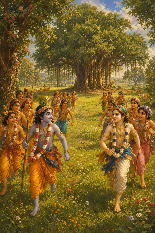 Rich painterly classical Indian color illustration: the cowherd boys split into two teams led by Krishna and fair Balarama, playing the piggyback game where losers carry winners on their backs toward a distant large banyan tree (the Bhandira vata); several boys riding piggyback on others across a sunlit meadow, the great banyan visible in the distance, festive lively classical palette.
