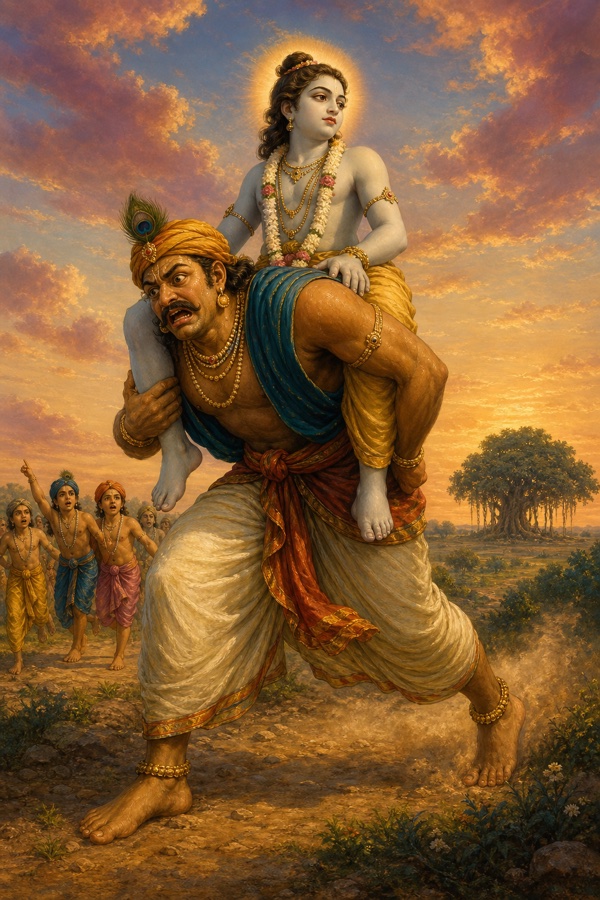 Rich painterly classical Indian color illustration: the demon Pralamba in cowherd disguise carrying fair Balarama on his back, having sprinted past the Bhandira banyan now left behind, but now staggering and slowing as Balarama becomes immensely heavy like a great mountain; strain and effort on the carrier, Balarama calm and serene on his back, the banyan small in the far background, tense dynamic composition.