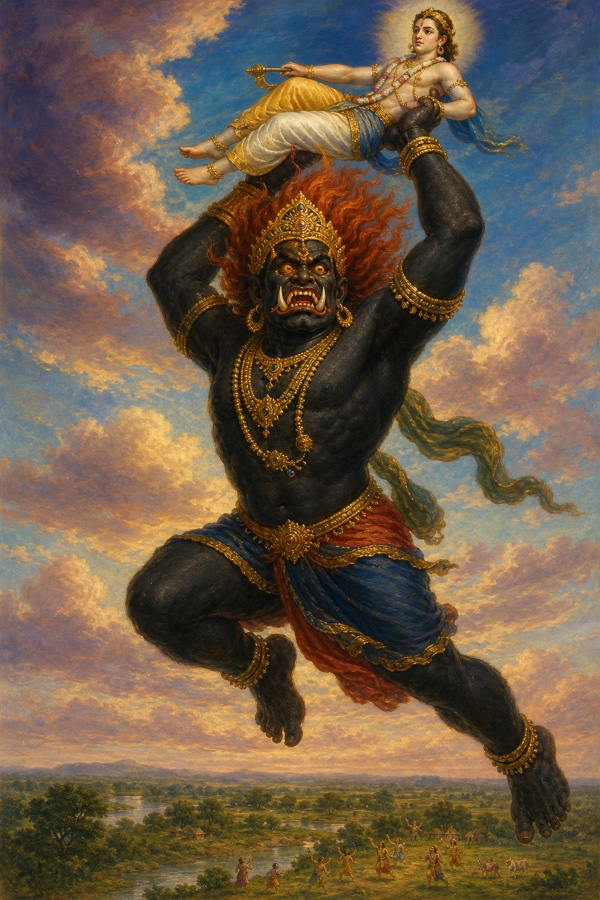 Rich painterly classical Indian color illustration: Pralamba revealing his towering black demon form reaching to the sky, golden ornaments glittering on his dark body, blazing fire-like eyes, fangs reaching to his eyebrows, wild red hair like rising flames, bracelets on arms and legs, a crown on his head and earrings glinting; he bears fair-skinned Balarama aloft like a dark thundercloud carrying the moon, soaring upward through the open sky with tiny Vrindavan far below.