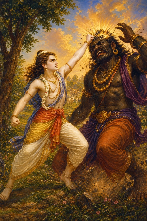 Rich painterly classical Indian color illustration: fair-skinned Balarama, his fear gone, clenching his fist and striking the towering black demon Pralamba a single mighty blow on the head, like Indra's thunderbolt smashing a mountain; the demon's skull shattering, blood spilling from his mouth as he loses consciousness, beginning to crash down from the sky toward the earth; powerful heroic composition, dramatic sky.