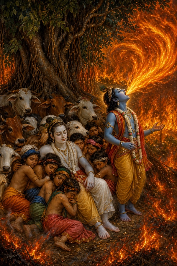 Rich painterly classical Indian color illustration: the epilogue near the Bhandira banyan, a raging forest fire encircling the terrified cowherd boys and cattle who take refuge with the two brothers, while dark-blue Krishna, lord of yoga, swallows the entire blazing fire into his mouth, drawing the flames in; cows and boys with eyes shut huddling safely around fair Balarama, the great banyan overhead, flames bending toward Krishna's mouth, awe-struck reverent mood.