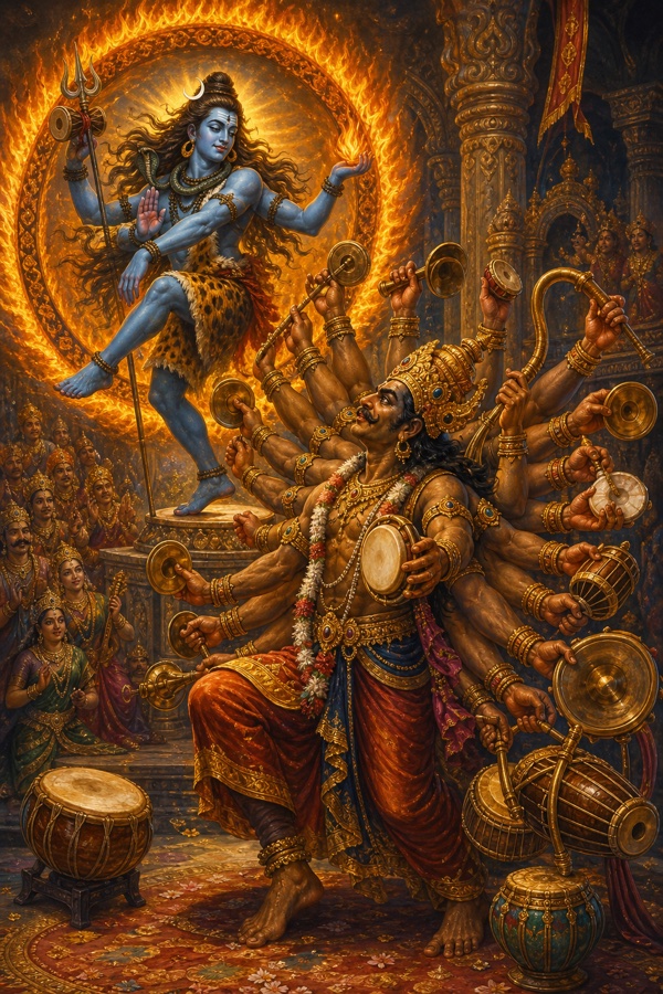 A rich classical-Indian color painting: the demon-king Banasura, a powerful crowned asura with one thousand arms fanned out like a peacock's tail, playing many kinds of drums, cymbals and instruments all at once with his hands to accompany the cosmic Tandava dance of Lord Shiva (blue-throated, trident, crescent moon, dancing in fiery aureole) who turns pleased toward him; opulent palace courtyard of Sonitapur.