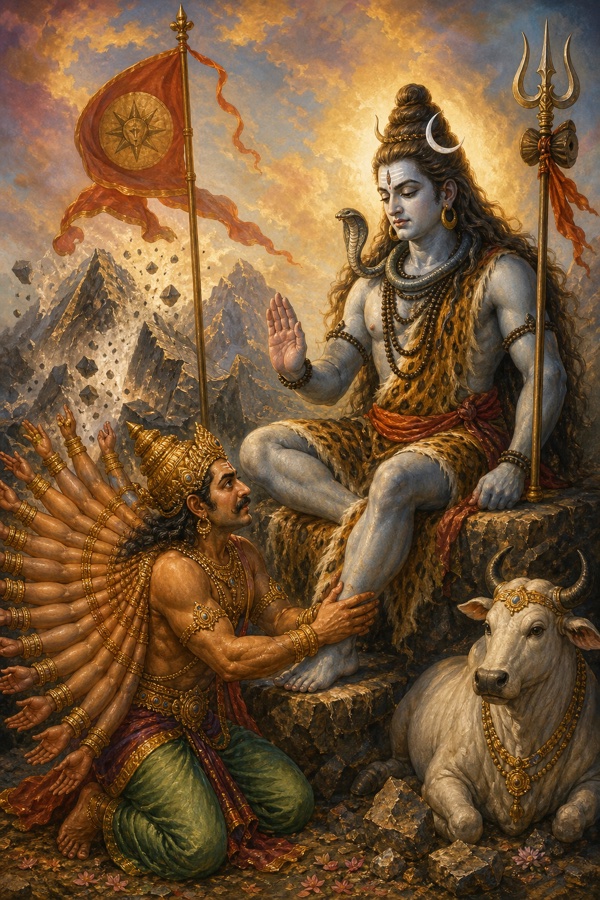 A classical-Indian color painting: thousand-armed Banasura kneeling and touching the feet of seated Lord Shiva (Nandi nearby, trident, ash-smeared, crescent moon), begging for a worthy opponent; Shiva, faintly angry, gestures a warning, his celestial banner-flag standing tall behind Banasura, hinting it will one day fall; broken mountain rubble visible in the background showing Banasura's restless strength.