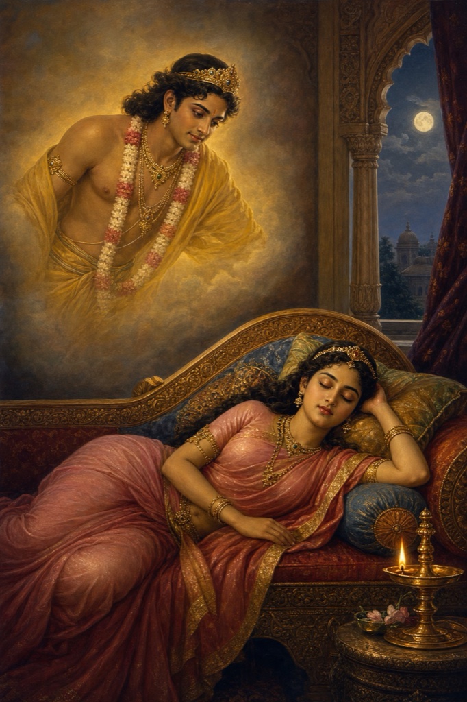 A tender classical-Indian color painting: princess Usha asleep on a flower-strewn bed inside an inner palace chamber, dreaming; above her, dreamlike and translucent, appears a handsome dark-complexioned youth (prince Aniruddha) with lotus-shaped eyes, long arms and a flowing yellow silk pitambara, leaning close as if sharing the sweetness of his lips; soft moonlit blues and gold.